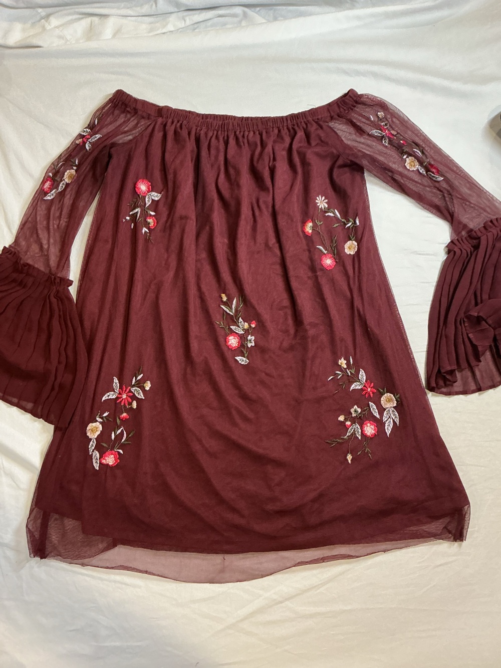 BONGO Wine Off-Shoulder Embroidered Floral Dress